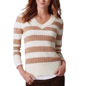 LOFT White Tan Striped V Neck Sweater Small NWOT